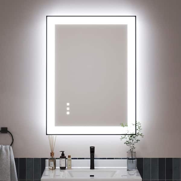 24 in. W x 36 in. H Black Rectangular Framed LED Anti-Fog Wall Bathroom Vanity Mirror with Backlit and Front Light