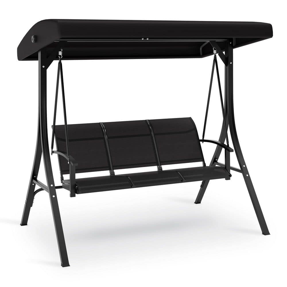3-Seat Black Steel Metal Patio Swing with Adjustable Canopy, Textilene Fabric Swing Chair for Patio, Garden, Poolside price history on PriceWatchPro