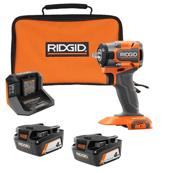 RIDGID 18V (2) 4.0 Ah Batteries and Charger Kit with 18V Brushless SubCompact 3/8 in. Impact Wrench