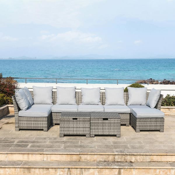 Glitzhome 9-Piece Wicker Outdoor Patio Conversation Sofa Set with Gray Cushions and Storage Coffee Table