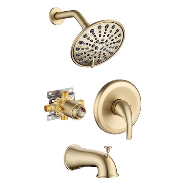 FLG Single Handle 6-Spray Tub and Shower Faucet 1.8 GPM Brass 6 in. Wall Mount Shower System Brushed Gold Valve Included
