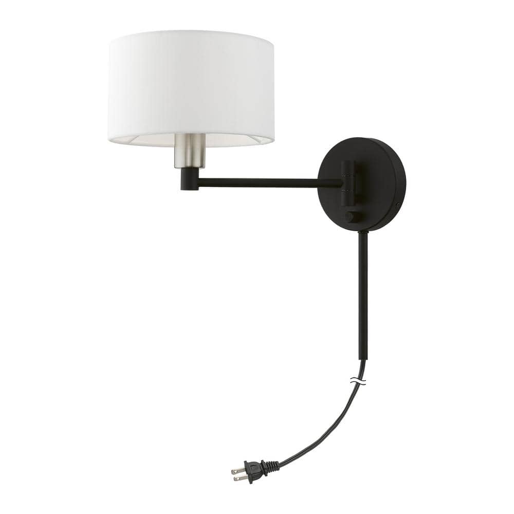 Black and Brushed Nickel Swing Arm Wall Lamp with Off-White Shade
