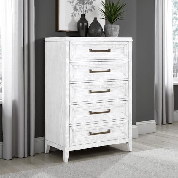 Leva Distressed White 5-drawer 36 in. Wide Tall Chest of Drawers Dresser without Mirror