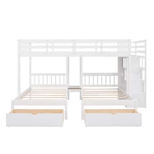 White Full Over Twin & Twin Triple Bunk Bed, Wood Triple Bed with Drawers and Staircase