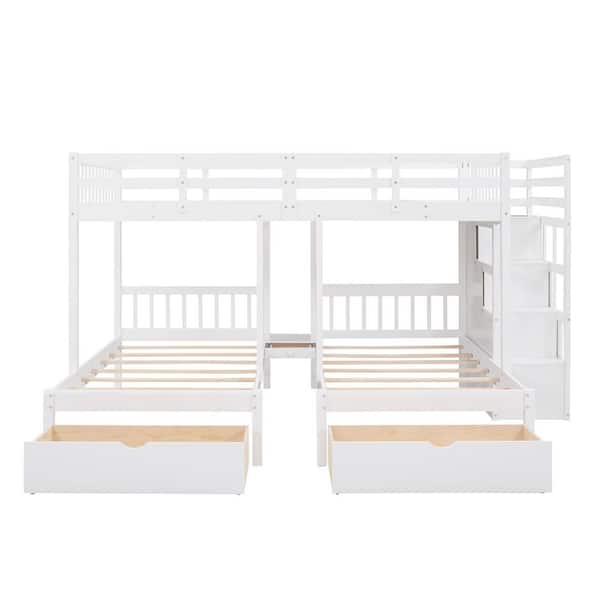 Angel Sar White Full Over Twin & Twin Triple Bunk Bed, Wood Triple Bed with Drawers and Staircase