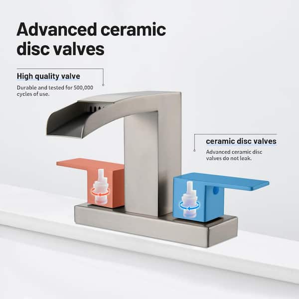 Waterfall 304 Stainless Steel 4 in. Centerset Double Handle Bathroom Faucet with Drain Kit Included in Brushed Nickel