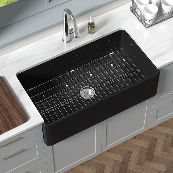 HOMLYLINK 36 in. Farmhouse Sink Single Bowl Apron Front Black Fireclay ...