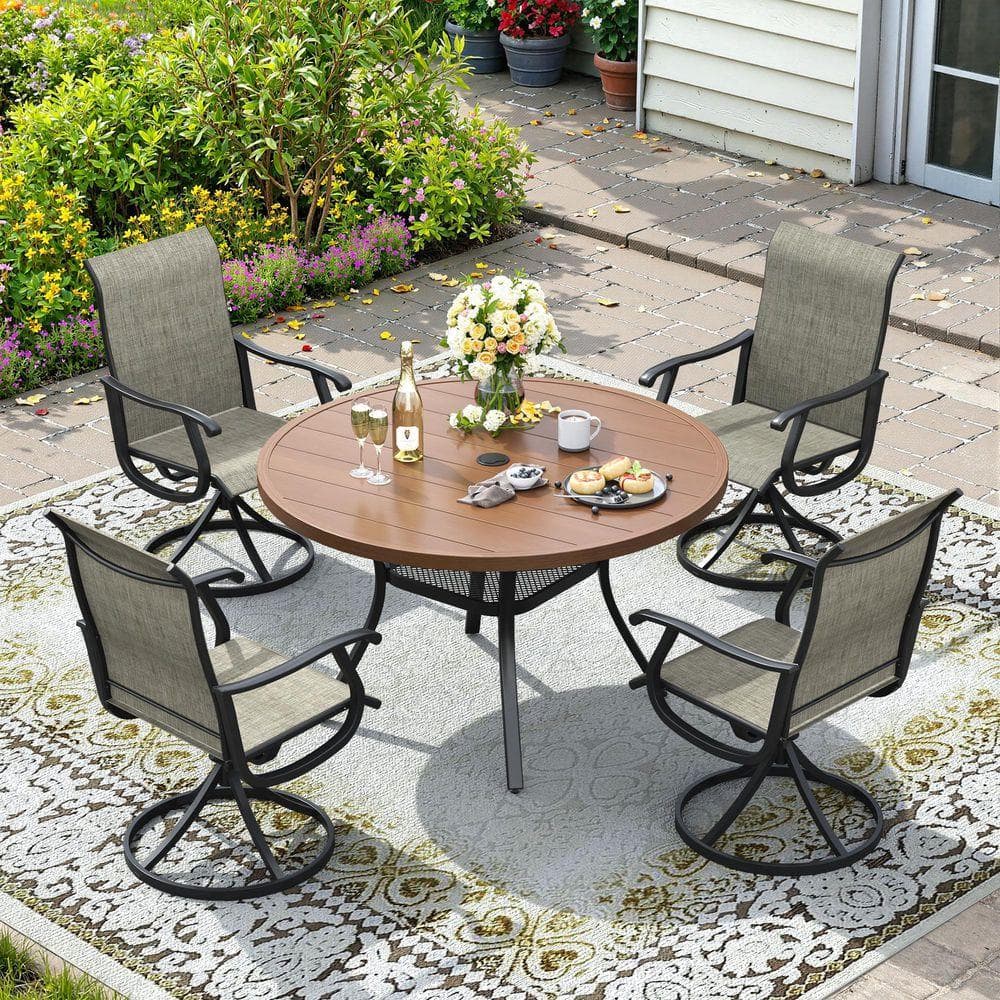vicllax 5 Pieces Patio Dining Set, 4 Brown Textilene Swivel Dining