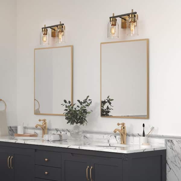 12 in. 2-Light Brass Gold Bathroom Vanity Light, Black Bath Lighting, Modern Wall Light with Cylinder Clear Glass Shades