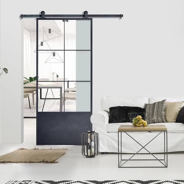 37 in. x 84 in. Broadway Epoxy Coated Steel Frame with Clear Tempered Glass Barn Door with Hardware Kit