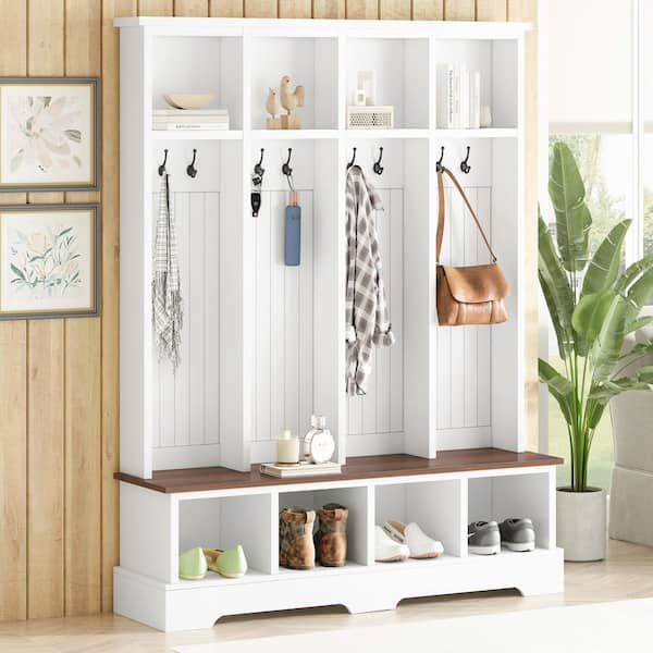 Modern 3-in-1 White Wood Hall Tree with 8 Hooks, Coat and Shoe Rack, Practical Entryway Bench