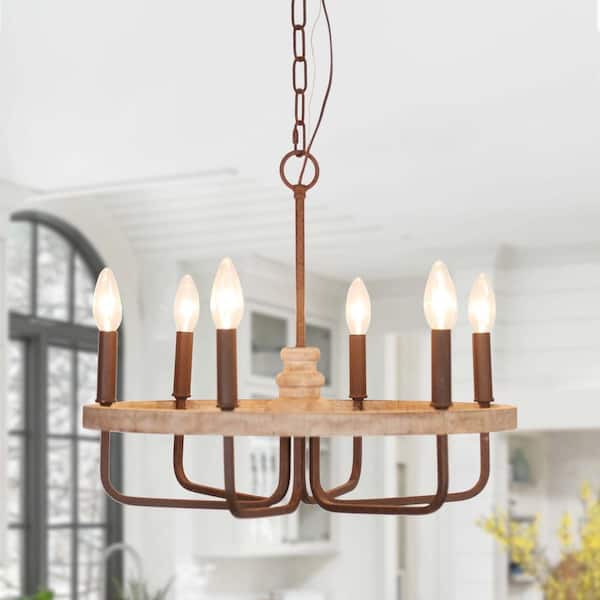 Oaks Aura Harbor Farmhouse 6-Light Weathered Wood Finish Round Caged Chandelier with Candlestick