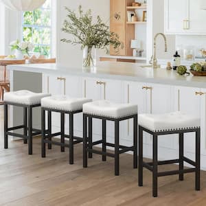 24 in. White Counter Height Saddle Bar Stool Faux Leather Cushion Backless Bar Stool with Metal Legs (Set of 4)