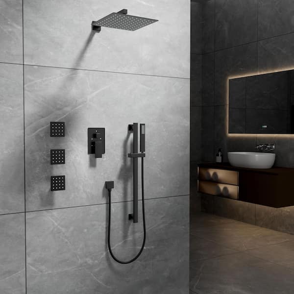 12 in. Wall Mount Shower Faucet Set with Sliding Bar and Body Spray Jets in Matte Black