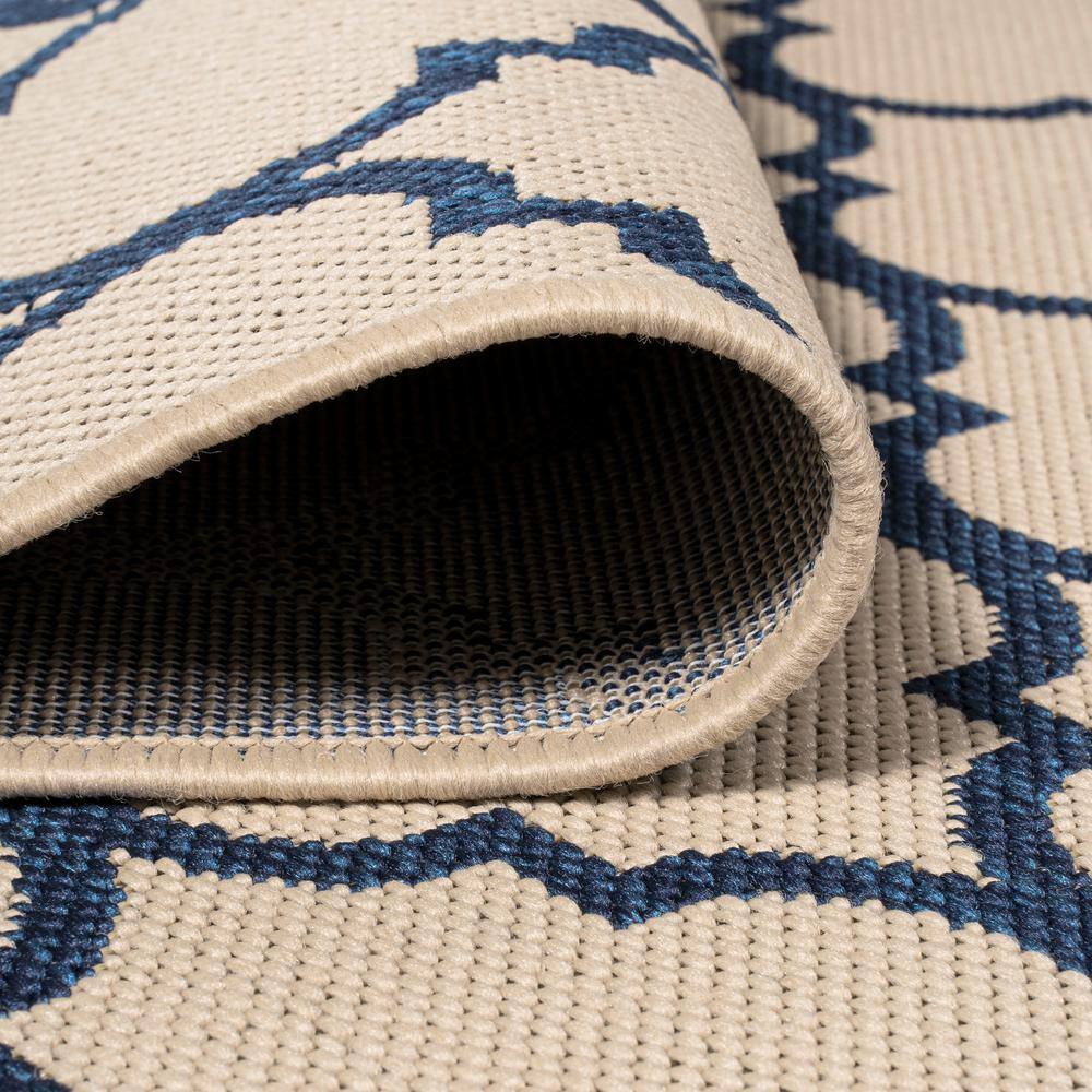Santa Monica Beige/Navy Synthetic Trellis Runner Rug 2x8