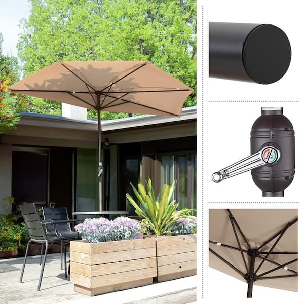 9 ft. Steel Half Round Patio Market Umbrella with Hand Crank Lift in Beige