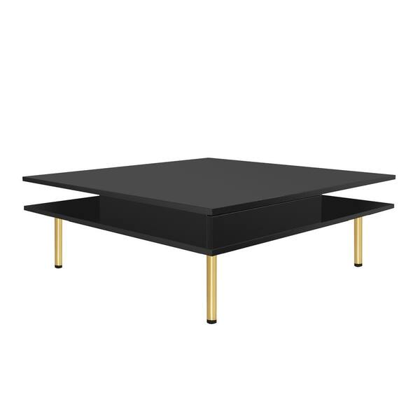 Polibi 33.4 in. Black Square Wood Coffee Table with 4 Golden Legs and 2 Small Drawers