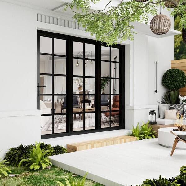 96 in. x 80 in. Left Swing/Outswing Double Tempered Glass Black Aluminum Folding Patio Door