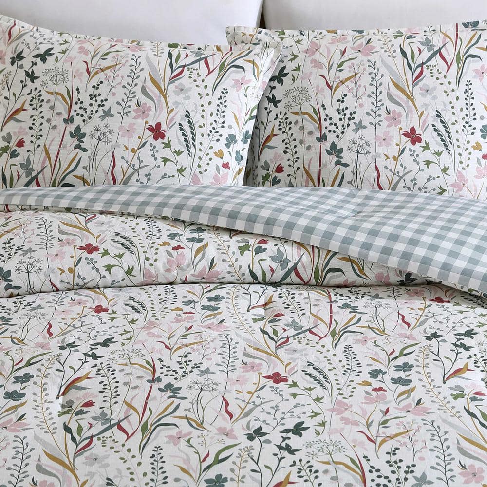 Twin White Cotton Reversible Floral Comforter Set