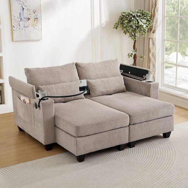 Brown 63 in. Convertible Corduroy Sleeper Sofa Bed with USB Ports, 2 Cup Holders, Phone Holder&Ample Storage