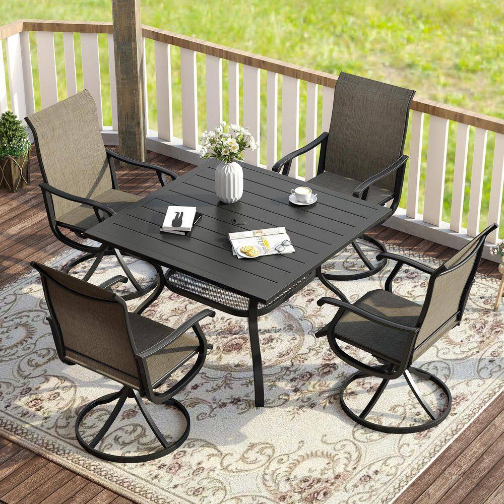 5-Piece Metal Outdoor Dining Set with 37.8 in. Black Square Table and 4 Brown Swivel Patio Dining Chairs price history on PriceWatchPro