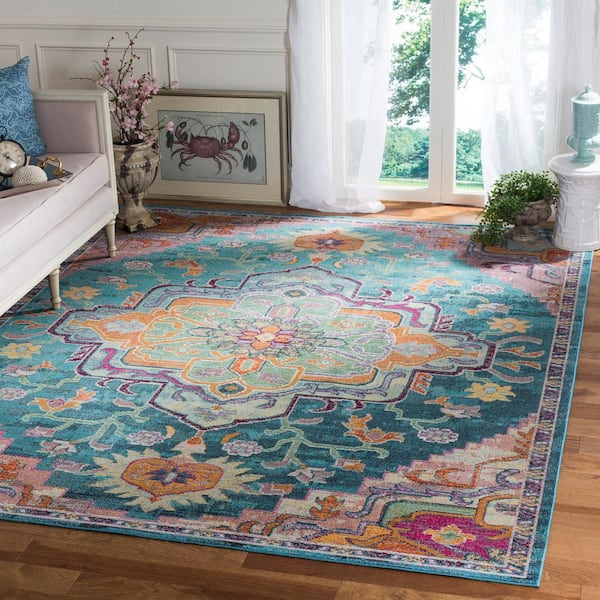 Crystal 12 ft. x 12 ft. Square Teal/Rose Distressed Border Area Rug