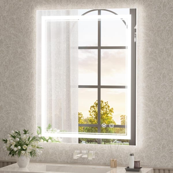KeonJinn 28 in. W x 36 in. H Rectangular Frameless Anti-Fog LED Wall Mount Bathroom Vanity Mirror 3 Colors Dimmable Bright Light