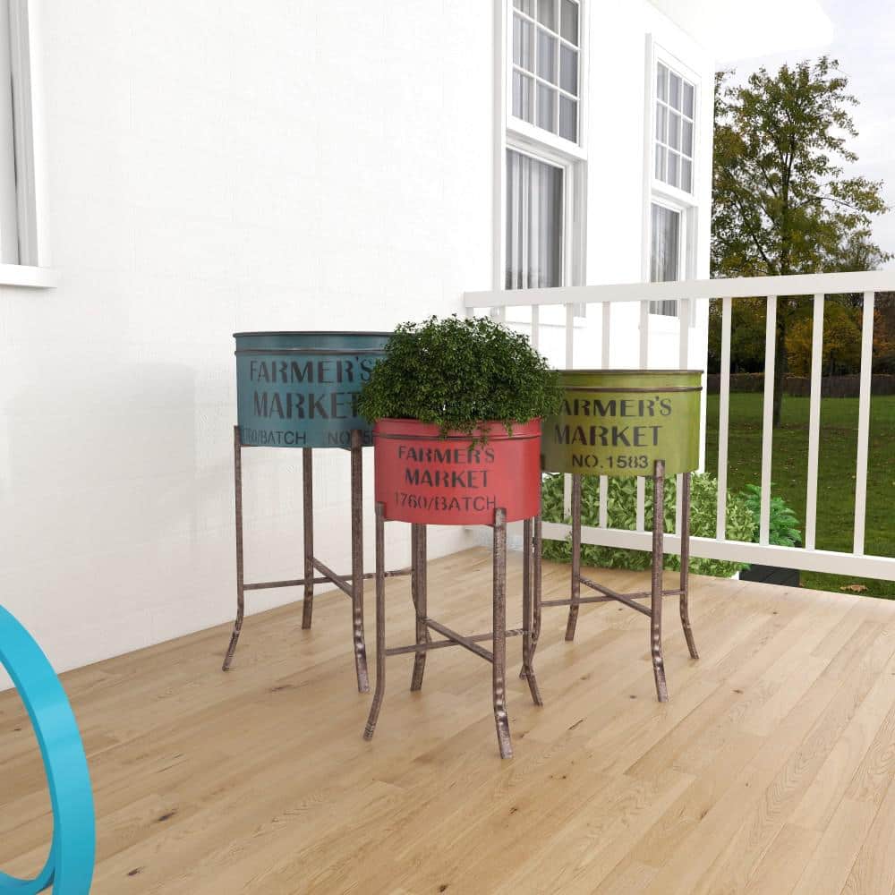 Farmhouse Multi Colored Iron Planters with Stands, Set of 3