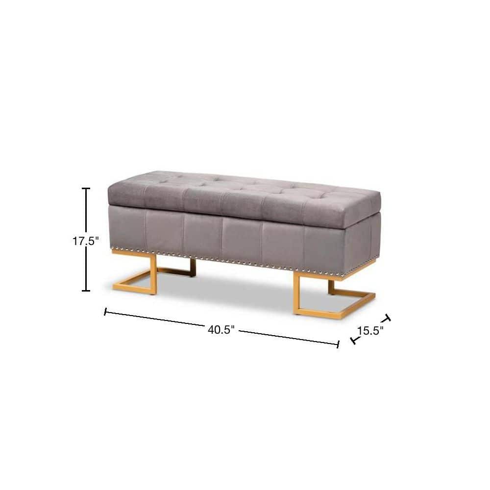 Ellery Grey Velvet Tufted Storage Ottoman with Gold Base
