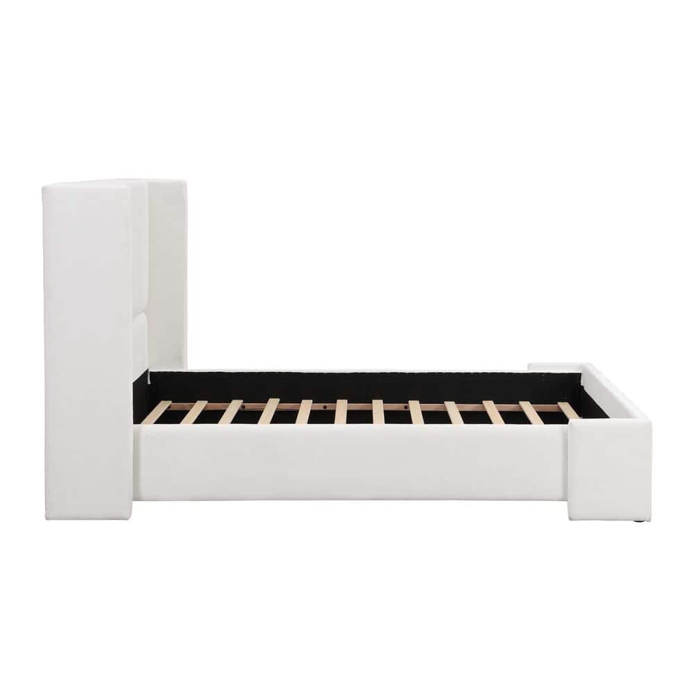 Elegant Modern White Fabric Upholstered Wood Frame King Size Platform Bed with Wingback Tall Headboard - thumbnail 2