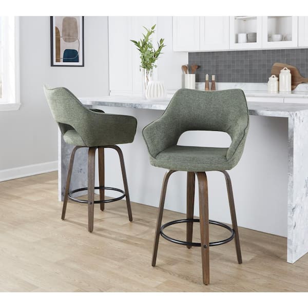 Mustang 26.5 in. Green Fabric, Walnut Glazed Wood and Black Metal Fixed-Height Counter Stool (Set of 2)