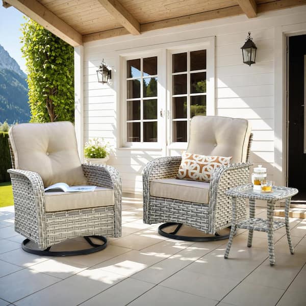 Toject Beverly Gray 3-Piece Wicker Outdoor Patio Conversation Swivel Rocking Chair Seating Set with Beige Cushions
