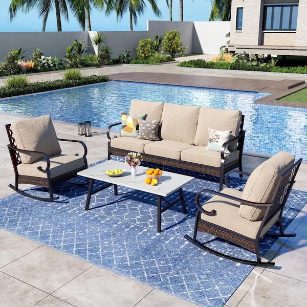 PHI VILLA 4-Piece Black Metal Outdoor Patio Conversation Set with Rocking Chairs, Marbling Coffee Table and Beige Cushions