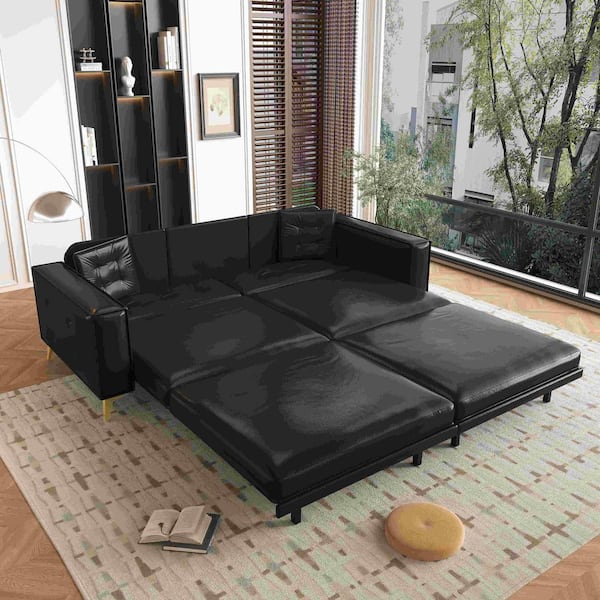 92.1 in. Square Arm Faux Leather Rectangle Sofa with Sofa Bed and Pillows in Black (Seats 4)