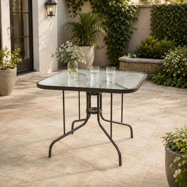 glass top patio dining table with umbrella hole Outsunny 39.4 Inch Round Outdoor No more worries about scratches on uneven ground thanks to the adjustable plastic pieces on the feet 35.4" Outdoor Round Patio Table