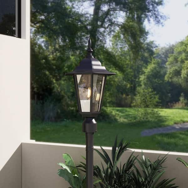 1-Light Textured Black Outdoor Post Lantern with Clear Glass