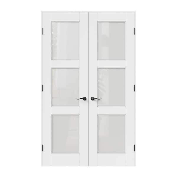 48 in. x 80 in. 3-Lite Frosted Glass Universal White Solid Core Glass Double Prehung French Door + Quick Assemble Jamb