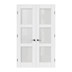 48 in. x 80 in. Universal Handed 3-Lite Frosted Glass White Solid Core MDF Double French Door with Quick Assemble Jamb