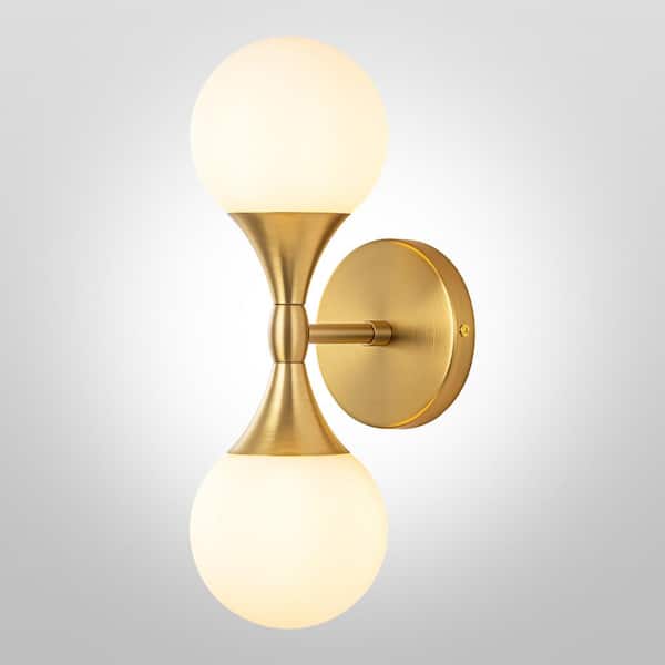 RRTYO North 6.4 in. 2-Light Gold Bubble Modern Up and Down Wall Sconce with Opal Glass Globe Shade