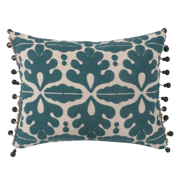 LEVTEX HOME Vista Teal, Taupe Embroidered Tribal Pattern With Beads Side Edge 18 in. x 14 in. Throw Pillow