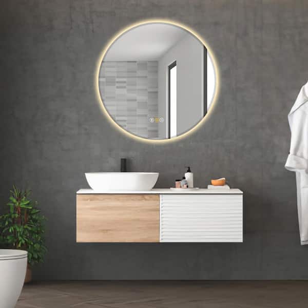 HBEZON RS 24 in. W x 24 in. H Round Beveled Edge 3 Colors Dimmable LED Anti-Fog Memory Wall Mount Bathroom Vanity Mirror