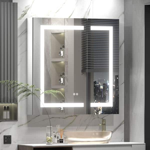 Apmir 30 in. W x 30 in. H Rectangular LED Lighted Anti-Fog Tempered Glass Aluminum Medicine Cabinet with Mirror in Silver