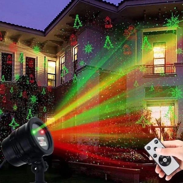 5V LED Christmas Projector Lights, Red & Green Laser Landscape Spotlight, RF Remote Control for Outdoor Garden & Holiday