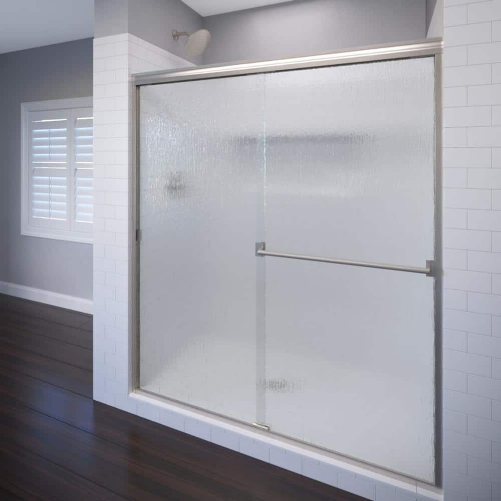 Classic Brushed Nickel Semi-Frameless Sliding Shower Door with Rain Glass
