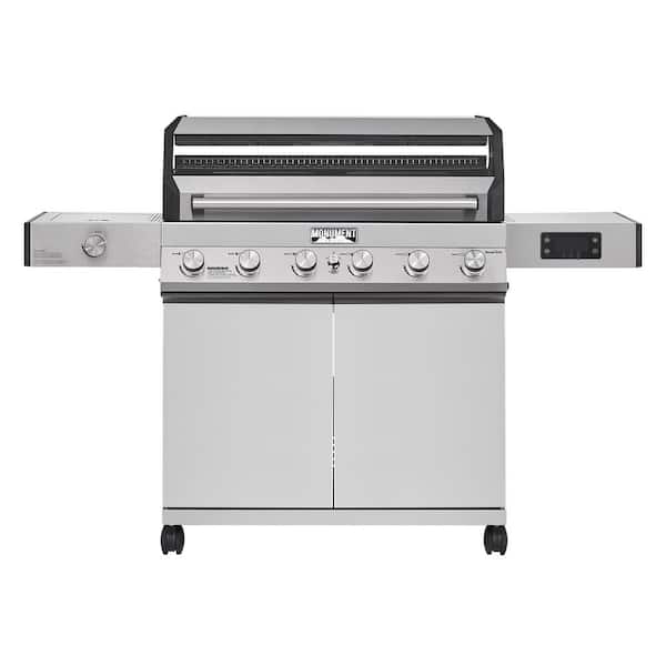 Monument Grills Denali 6-Burner Propane Gas Grill in Stainless with Clearview Lid, 3-Phase LED Controls and Side Burner Box A