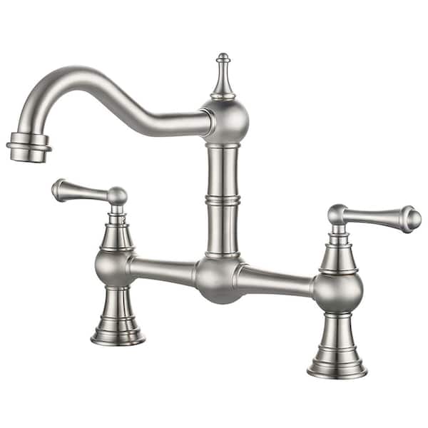IVIGA Brass 8 in. Double Handle Bridge Kitchen Faucet with 2-Aerators, Brass Valve and Supply Lines in Brushed Nickel
