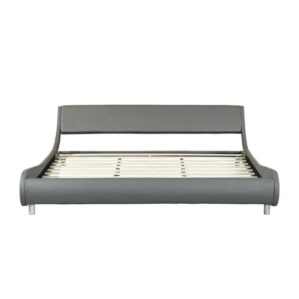 ANBAZAR Gray Faux Leather Upholstered Bed Frame, King Size Low Platform Bed with Curve Design