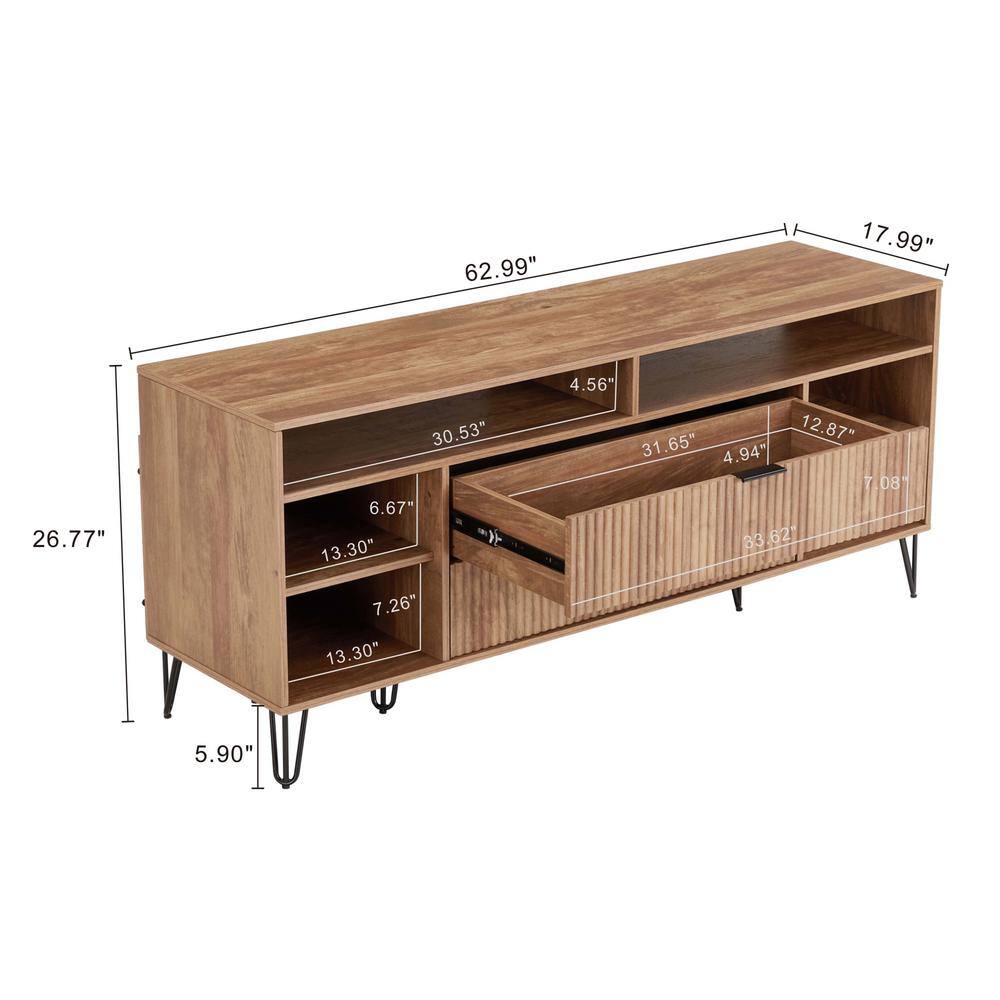 Golden Brown Mid-Century Modern TV Stand with Cabinet and Shelves
