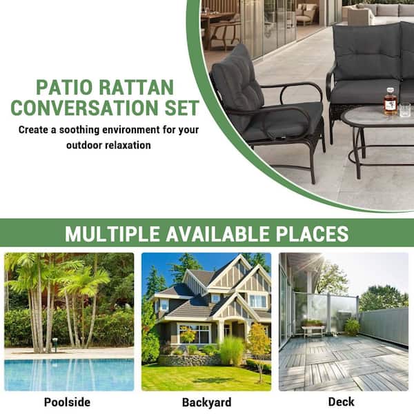 4-Piece Wicker Patio Conversation Set with Gray Cushions