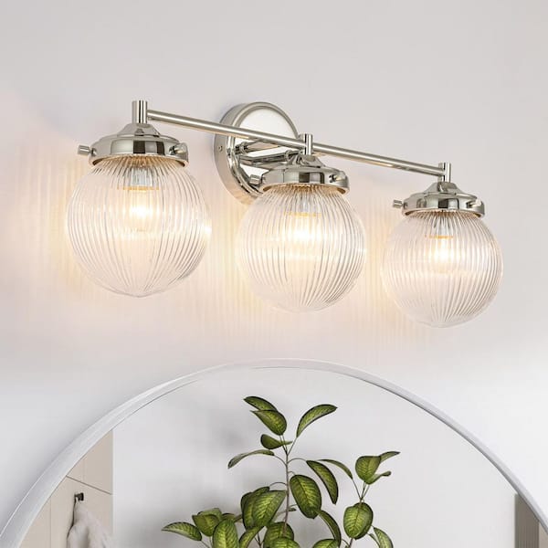 Loudoun 24.4 in. 3-Light Modern Chrome Linear Ribbed Glass Globe Bubble Bathroom Vanity Light over Mirror